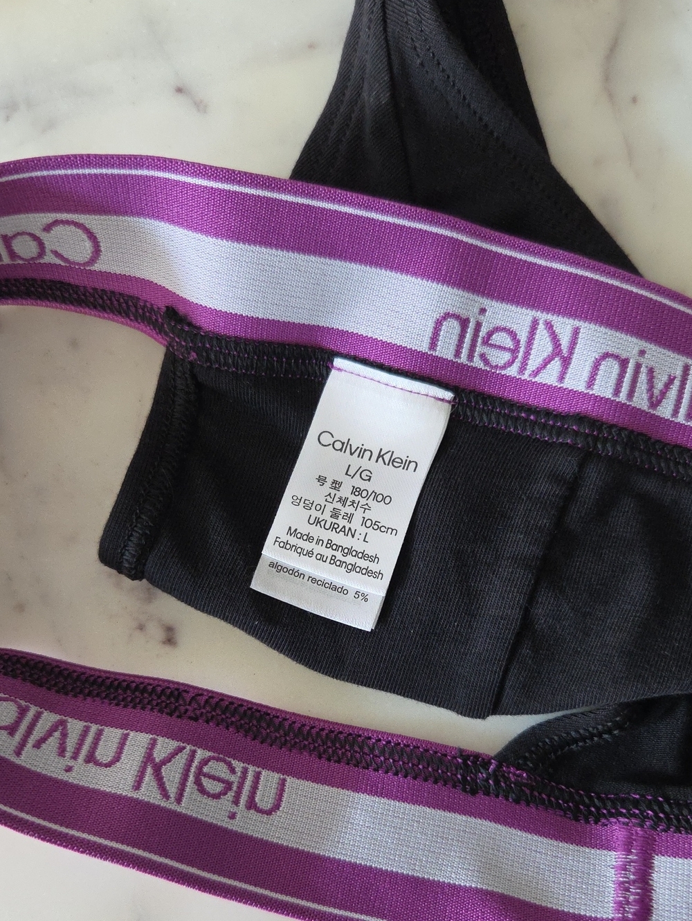 Calvin Klein Black Thong with Purple Logo Waistband Sz L - Picture 2 of 3